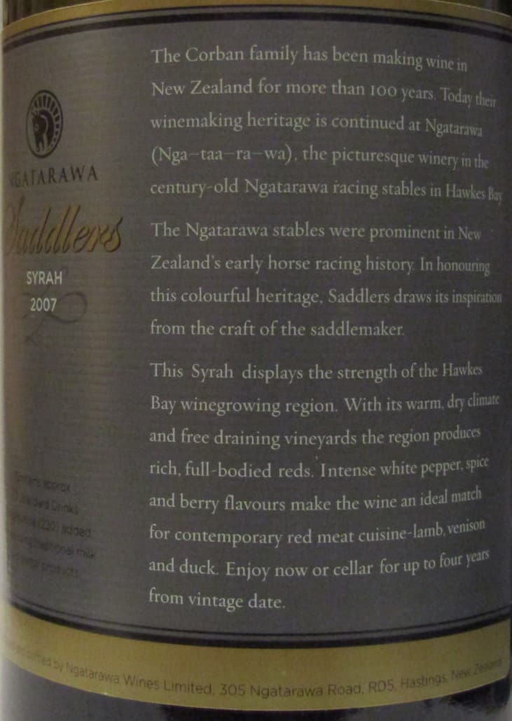 Ngatarawa Saddler's Syrah 2007 back label