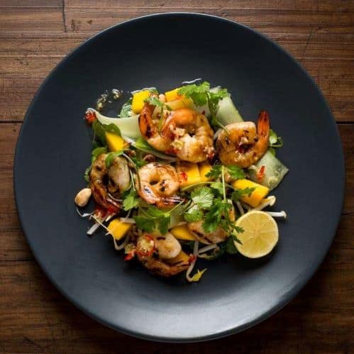 Charred prawns, mango, peanut & lime